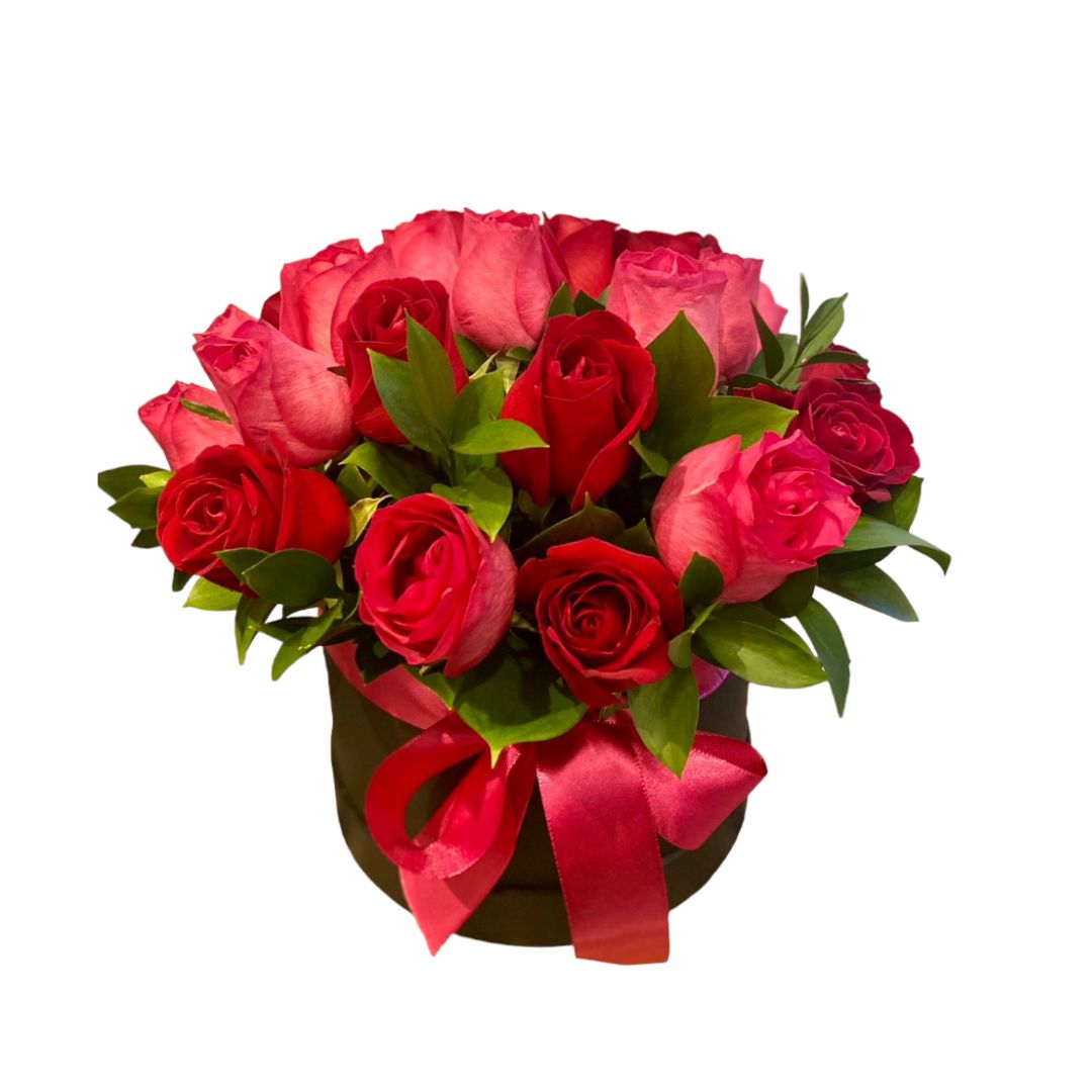 Box Cartonado Com 24 Rosas Vermelhas  E Tons de Rosa