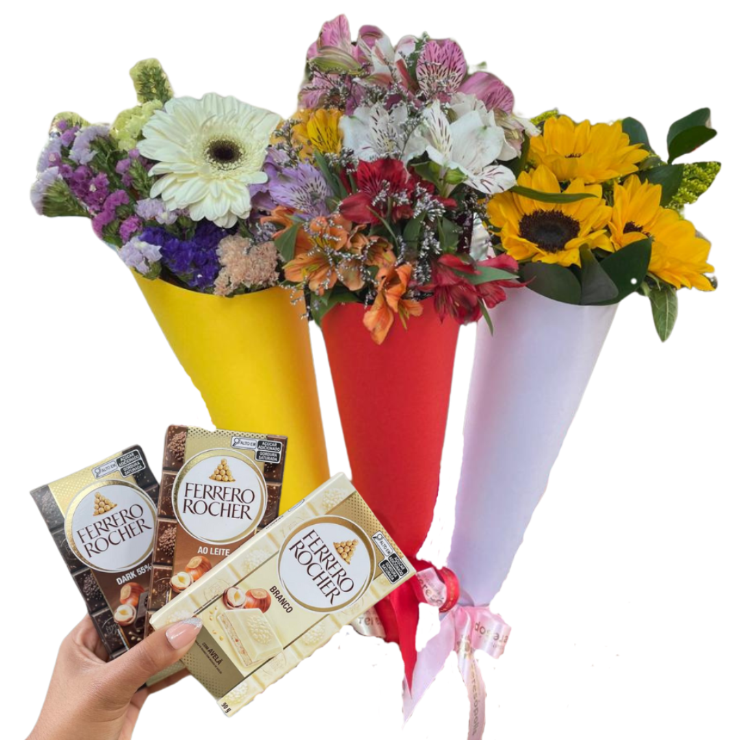 Combo 1 Cone de Flores e  1Barra Ferrero Rocher